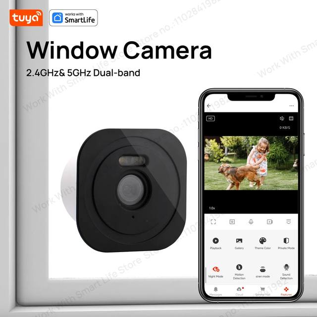 3MP Tuya Window Camera 2.4GHz & 5GHz WiFi Indoor Security Cameras Night Vision Window Camera Support Alexa and Google Home