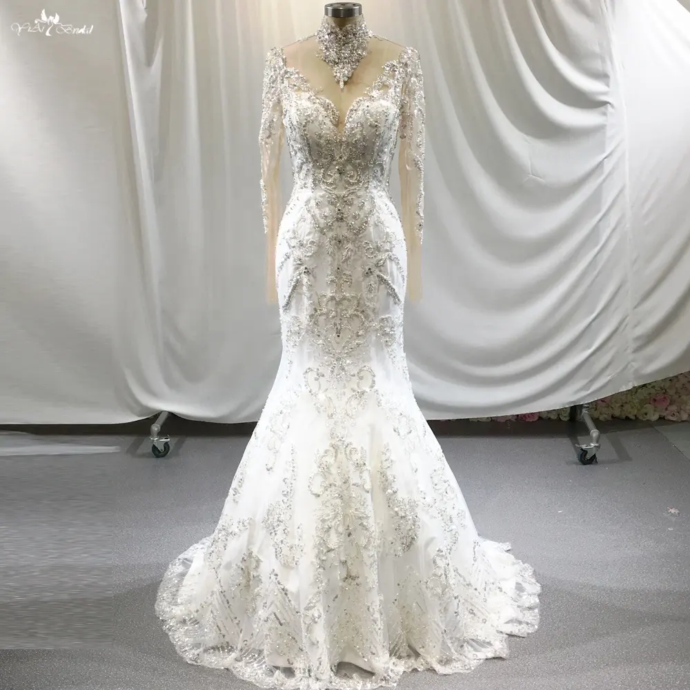 Свадебные платья русалки на заказ RSW1834, кружевные свадебные платья с длинным рукавом и высоким вырезом, роскошное свадебное платье с бисером