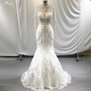 RSW1834-vestidos de boda de sirena hechos a medida, manga larga, escote alto, de encaje, para novia, con cuentas de lujo