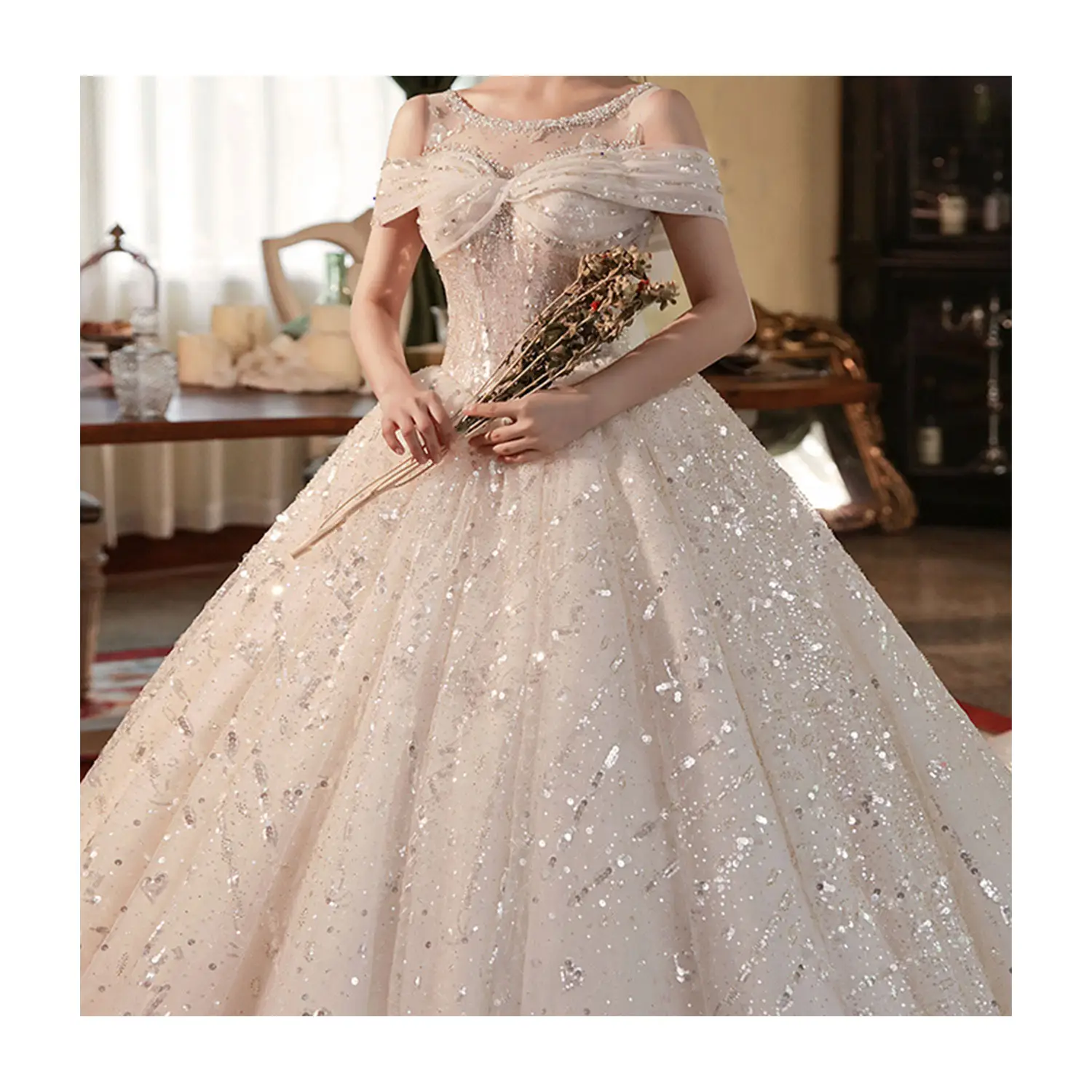 Bridal Gowns For Women Wedding Gown Dresses Wed Dress Bow Embroidered Off Shoulder Rose Gold Bridal Ball Gown Wedding Dresses