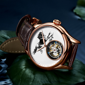 Montres mécaniques tourbillon pour hommes, design peinture à l'encre du cheval du zodiaque chinois, cristal saphir de luxe, acier 316L, étanches - Product Image 4