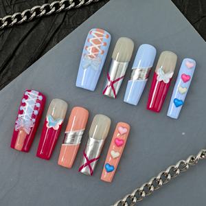 เล็บปลอมอะคริลิกทำมือสุดหรู ขายส่ง รูปทรงสี่เหลี่ยมและทรงโลงศพ ยาว ปลายเล็บแบบฝรั่งเศส 3 มิติเต็มแผ่น ลายผีเสื้อ/ดาว - Product Image 1