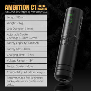 Ambition C1 1900mAh çekirdeksiz Motor 2.0-4.2mm 7-Level ayarlanabilir inme vücut sanatı için profesyonel kablosuz dövme makinesi kalem - Product Image 6