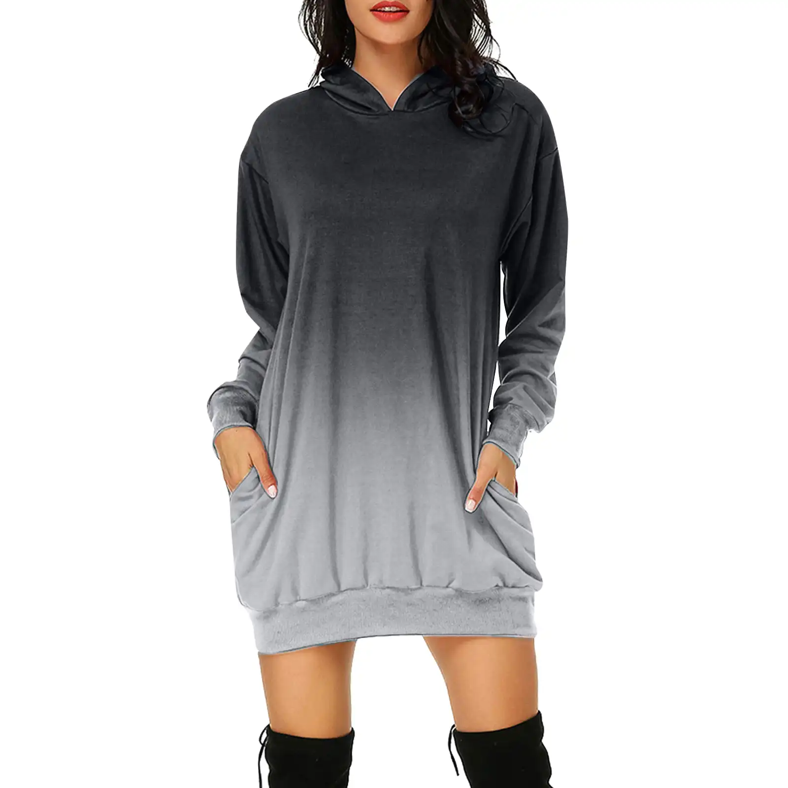 Benutzer definierte Farbverlauf Damen Print Long Hoodie Hooded Strickkleid Plus Size Frauen Casual Sweatshirt Taschen Pullover Kleid