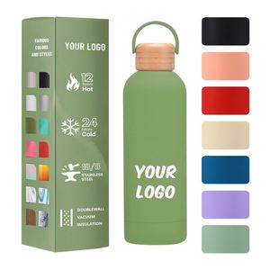2024 Customized 500ml Portable <b>Thermos</b> Cup with Bamboo Wood Cover Small Mouth Reusable Stainless Steel Water <b>Bottle</b> for Travel - Product Image 1