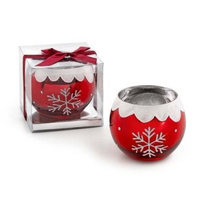 Portacandele in Vetro Rosso a Forma di Fiocco di Neve 85x95 mm, Decorazione Natalizia con Design a Fiocco di Neve Bianco - Product Image 1