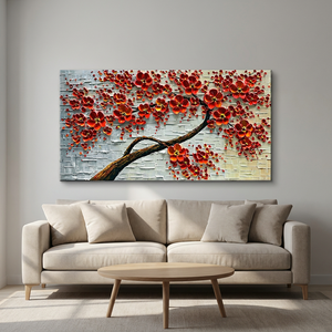 Peinture à l'huile abstraite à texture épaisse, motif <span class=keywords><strong>arbre</strong></span> à monnaie et fleurs, 100% peinte à la main, art mural 3D rouge sur toile - Product Image 3
