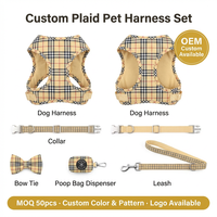 Ensemble personnalisé de harnais, collier et laisse pour animaux de compagnie à carreaux, 6 pièces, service de logo OEM ODM pour chiens et chats, vente en gros