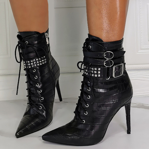 Botines de tacón de aguja para mujer, talla grande 47, con cordones delanteros, remaches, cinturones y hebillas, ajuste ancho - Product Image 1