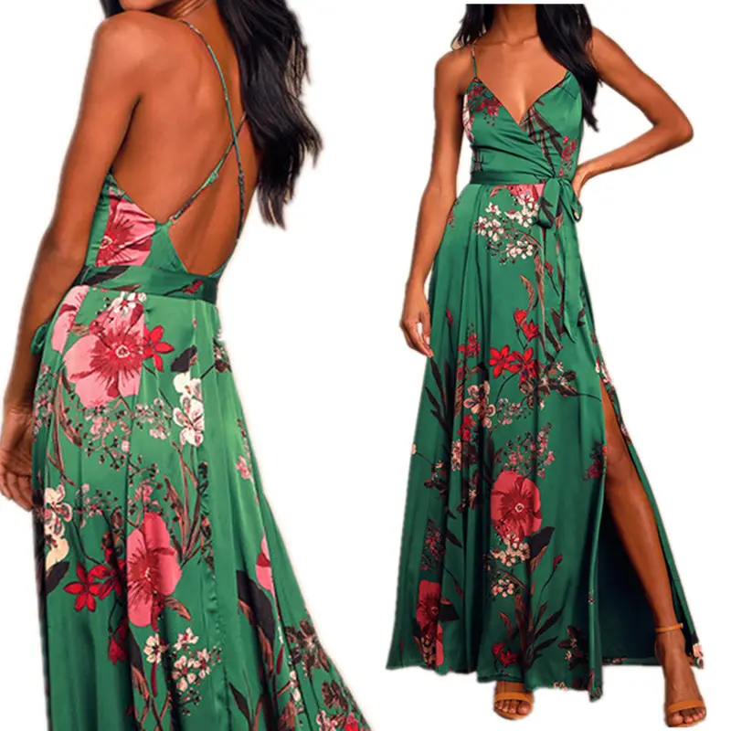 Maxi vestido de verão feminino, seda cetim sem mangas alças ajustáveis floral casual de cetim