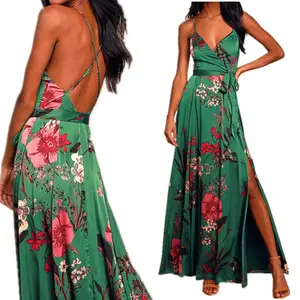 Summer Women Silk Satin maxi Ladies Sleeveless Adjustable Straps Floral Dresses Causal satin gowns