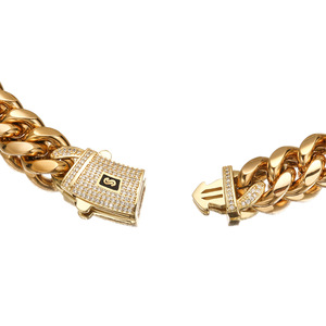 Collier Chaîne Maille Cubaine Monaco en Acier Inoxydable Plaqué Or 18K avec Fermoir CZ Sertis de <span class=keywords><strong>6</strong></span>-14mm, Bijou Hip Hop Tendance et Très Vendu - Product Image 3