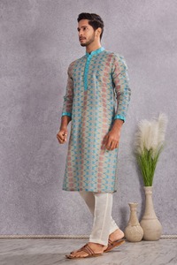 <b>Men's</b> Blue Printed Cotton <b>Kurta</b> Regular Fit Ankle-Length Traditional Casual Wear India Pakistan Style <b>Kurta</b> for <b>Mens</b> - Product Image 6