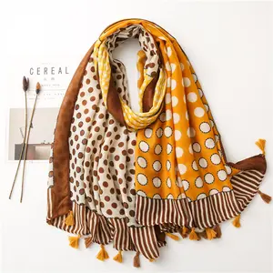 Autumn Winter Warm Dot Printed Scarf with Tassel Brand Design Long Head Hijab Scarfs Women Soft Cotton Linen Scarves Shawls