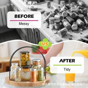 Wooden <b>Rotating</b> Condiment <b>Rack</b> With <b>Spice</b> Jars And Oil Bottles Kitchen Storage Lazy Susan Organizer - Product Image 3