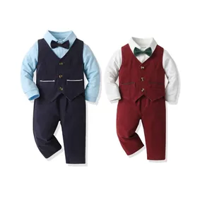 2024 Formal Gentleman Baby Boys Dress Suits Romper+Vest+Pants+Bowtie Boys Clothing Set