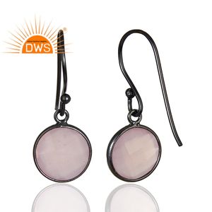 ต่างหูเงินชุบโรเดียมสีดำต่างหูห้อยอัญมณีโรสคาลซิโดนีเครื่องประดับผู้ผลิตคอลเลกชันที่สวยงาม - Product Image 3