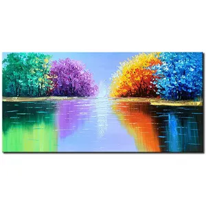 100% el-boyalı renkli göl manzara 3D sahne exture ağacı sanat resimleri manzara tuval duvar sanatı büyük yağlıboya