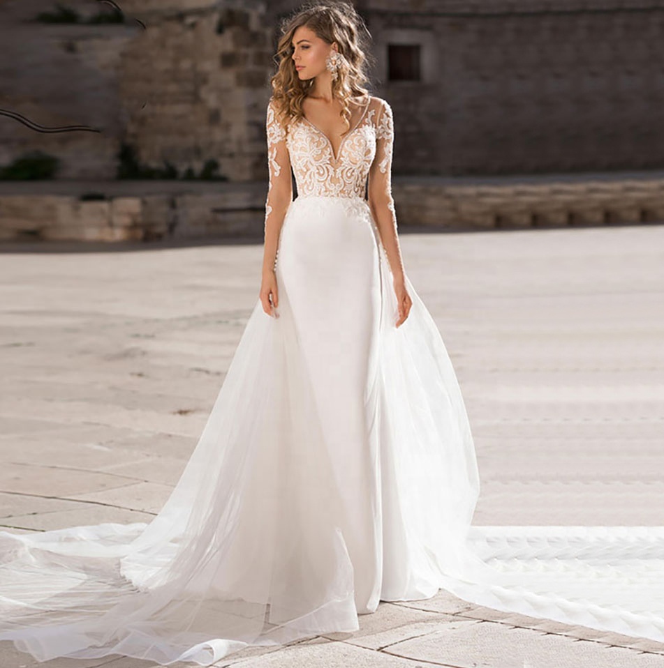 fitted lace wedding dress Malaysia Elegant High Neck Long Sleeves White Wedding Dress XXXL / White main image 1