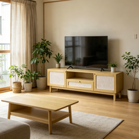 Meuble TV en rotin style bohème, centre de divertissement en bois de chêne clair avec compartiment central ouvert et tiroir de rangement