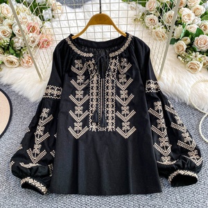 Camisa de Manga Larga con Cuello Redondo y Cordones Bordados de Estilo Bohemio Retro <span class=keywords><strong>para</strong></span> <span class=keywords><strong>Mujer</strong></span>, Top Versátil Informal y Elegante <span class=keywords><strong>para</strong></span> Otoño - Product Image 2