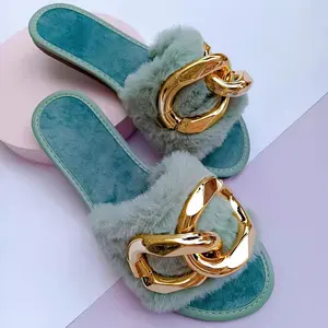 Mode Blauwe Ronde Neus Slides Wedge Plaid Vrouwen Schoenen 2021 Gouden Ketting Riem Groen Oranje Zwart Platte Pluizige Bont Vrouwen slipper