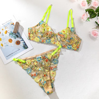 Deep Love nouveau brodé nuisette dentelle sensuelle fleur florale soutien-gorge string culotte jaune femme Lingerie 2 pièces ensemble