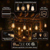 Guirlande lumineuse solaire S14 Edison IP65 avec ampoules E26 remplaçables, câble personnalisable 10-25M, alimentation USB, idéale pour restaurants, mariages, OEM, CE, ETL