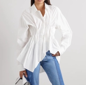 Nouveaux polos à la mode à la mode chemisier en coton creux à manches longues hauts amples chemise blanche femmes - Product Image 1