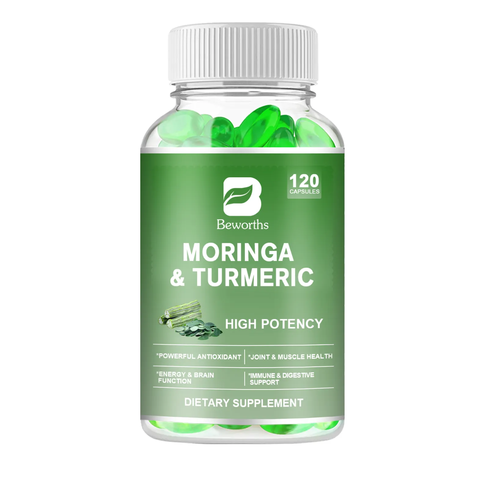 Moringa En Kurkuma Zachte Capsule 120Pcs Organische Moringa Bladextract Capsule Immuungezondheid Moringa Supplement