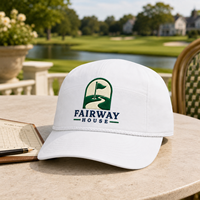 Gorra de golf de cuerda con visera curva, bordado Fairway House, bajo MOQ, muestreo rápido para tiendas profesionales de resorts con logotipo personalizado