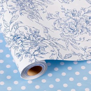 Blue And White Porcelain Flower Gift <b>Wrap</b> Paper 17in x 32.8ft Reversible Blue Dot Design Art Paper for Birthday Wedding - Product Image 1