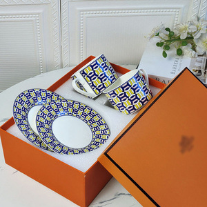 Hot Sale European Luxury Yellow and Blue Checkered Porcelain Coffee Cup & Saucer <b>Set</b> with Gift Box - Product Image 3