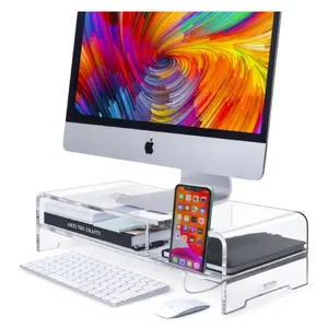 Simple 2 Tier Acrylic Computer with Storage Desk Organizer Clear Acrylic Phone Holder Computer Stand for Office Screen Holder