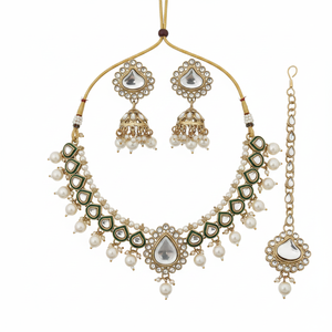 Super Quality Traditional Ethnic Gold Plated <b>Crystal</b> Rhinestone Pearl Choker Necklace <b>Set</b> Jhumka Earrings Maang Tikka Party - Product Image 2