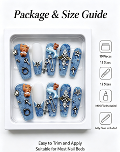 Faux ongles à presser longs et effilés, texture denim, avec breloques 3D chat et dauphin, strass, personnalisables, marque privée, vente en gros - Product Image 2