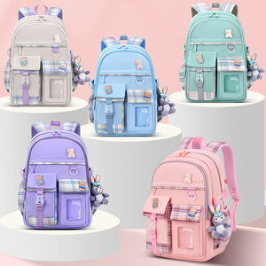 Cute Plaid School <b>Backpack</b> For Girls 15 Inches <b>Lightweight</b> With Cartoon Bear And Bunny Design For Elementary Students - Product Image 1
