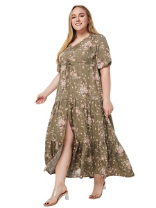 Vestido de talla grande XL-5XL, estilo bohemio, con cuello en V, manga corta, estampado, largo, para playa, para mujer - Product Image 5