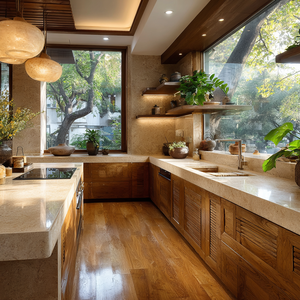 Gabinetes de Cocina y Comedor <span class=keywords><strong>Modulares</strong></span> Rústicos VSME con Puertas de Madera Natural, Cierre Suave, Iluminación LED e Isla de Mármol - Product Image 5