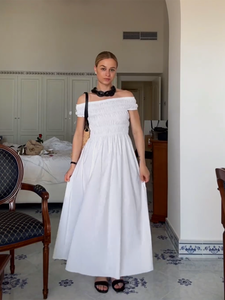 Vestido Midi Elegante Francés para Mujer, Sin Cuello, Manga Corta, Cintura Fruncida, Control de Abdomen, Ajustado, 100% Algodón Liso - Product Image 5