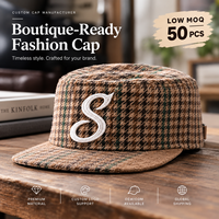 Casquette plate pied-de-poule en stock avec broderie 3D et sangle en cuir – Vente en gros pour boutiques de mode
