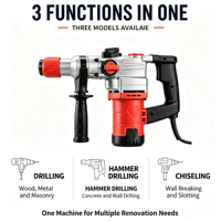 Marteau perforateur rotatif 1200W à 3 fonctions, marteau à percussion électrique SDS Plus pour perçage du béton, démolition de murs, rénovation de la maison