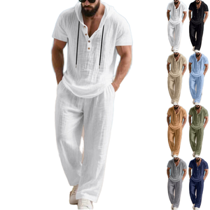 Ensemble deux pièces pour homme en coton et lin, chemise et pantalon, tenue décontractée respirante pour l'été - Product Image 1