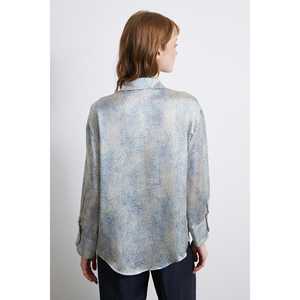 Camisa de Satén con Estampado y Cuello en V para Mujer, Azul, Casual, para Uso Diario, Transparente - Product Image 1