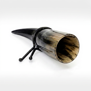 Natural Buffalo Horn Drinking Mug with Metal Tripod Stand Leather Holder Handmade Rustic Barware for <b>Beer</b> Mead - Product Image 1