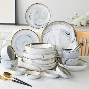 Hot Sale Nordic Color Glaze Marble Gold Rim Dinner Plate <b>Set</b> Sustainable Porcelain Ceramic Crockery Tableware Eco-Friendly - Product Image 1