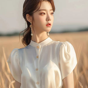 Droma, recién llegado, <span class=keywords><strong>blusa</strong></span> de manga corta hinchada de satén blanco informal francés, blusas y camisas para mujer, blusas de moda - Product Image 3