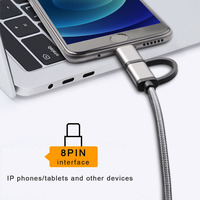Câble de données de charge rapide USB vers Type C 8 broches 2.4A 3A en nylon tressé 2 en 1 avec capuchon métallique pour iPhone Android
