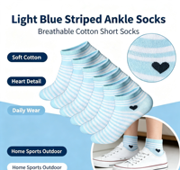 Chaussettes courtes pour femmes, bleu clair et blanc rayé, en mélange de coton respirant, motif petits cœurs, pour le quotidien, la maison, le sport, vente en gros