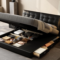 Tête de lit relevable COSTFULL personnalisable en cuir véritable noir, avec rangement, support en bois robuste, rembourrage, mobilier de chambre à coucher